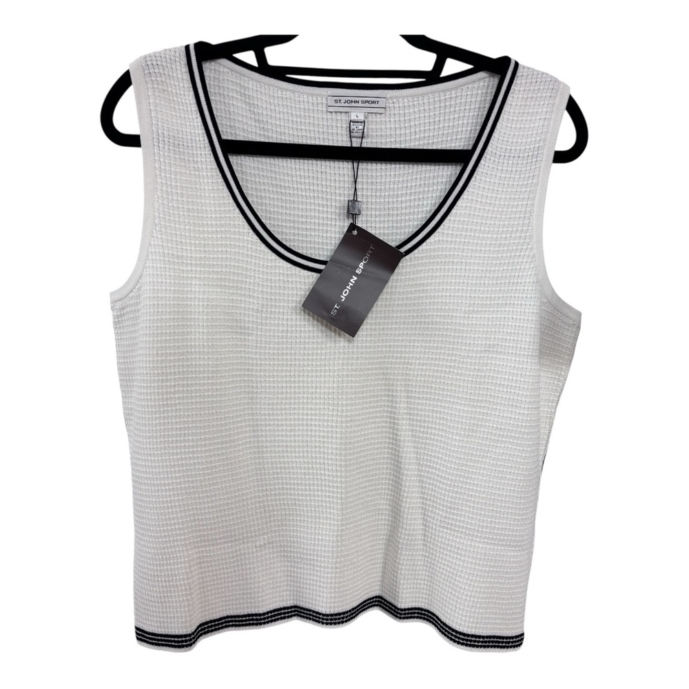 NWT St. John Sport Essentials White Knit Tank with Black Trim Sz L